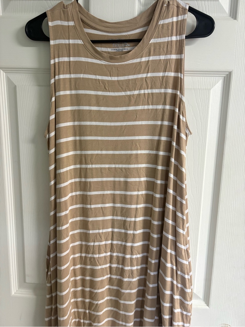 Striped Sleeveless Swing Dress in Beige and White